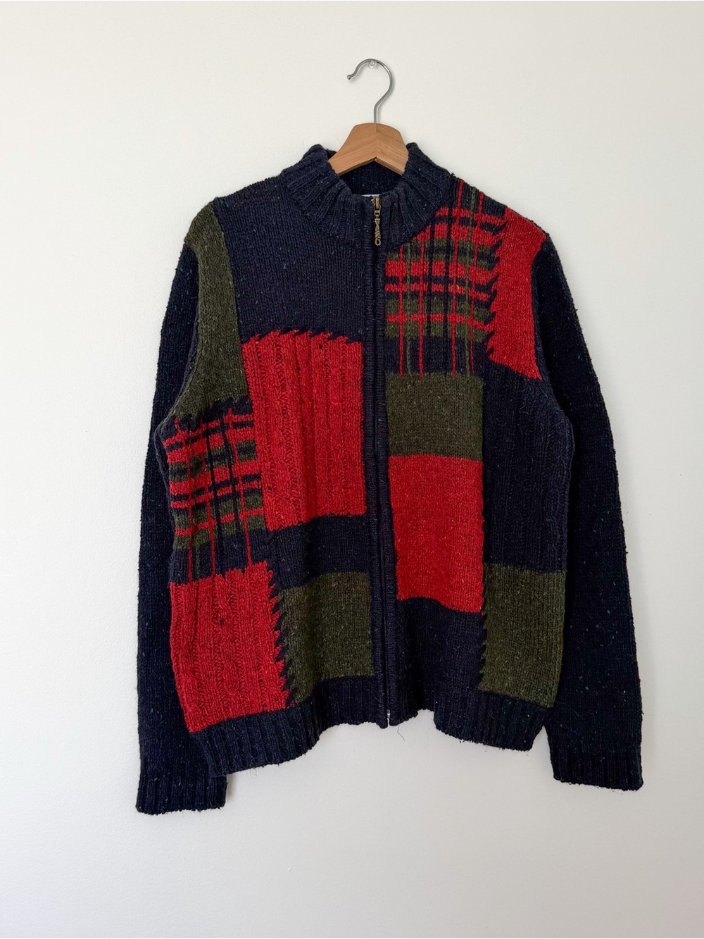 Vintage Patchwork Zip-Front Cardigan Sweater - Navy, Red, Green